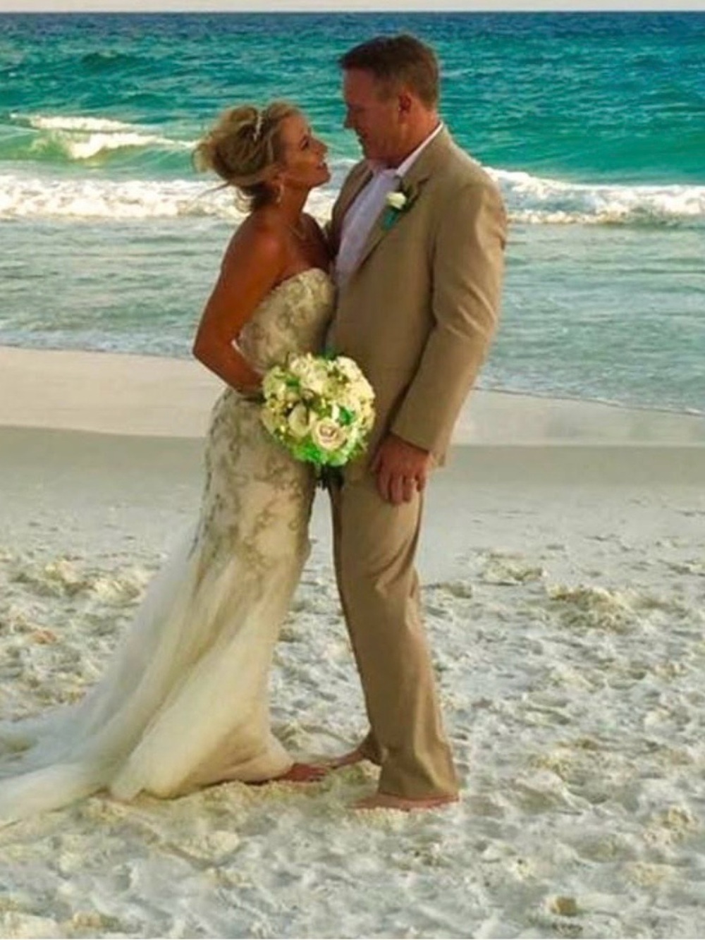 White and Blue Bridal Gown with Subtle Blue Embellishment